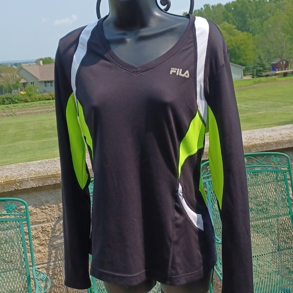 Fila Sport Black Performance Athletic Top,  Sz L, Black & Neon green